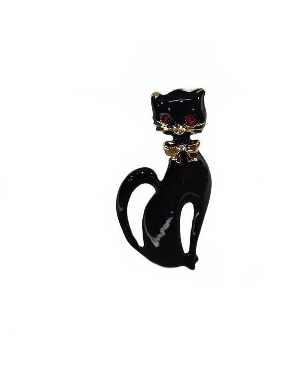 Vintage Black Cat Brooch with Red Eyes and Gold Tone Accents - Picture 3 of 5